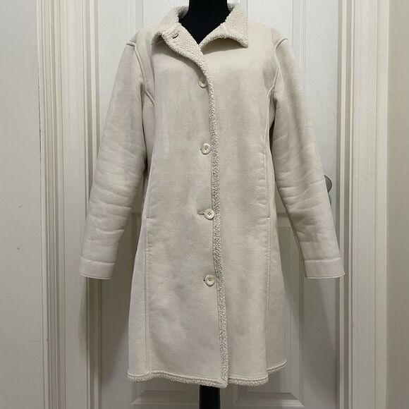 LL Bean Sherpa Lined Faux‎ Suede White Shearling Jacket Women’s Petite Large - Picture 1 of 11